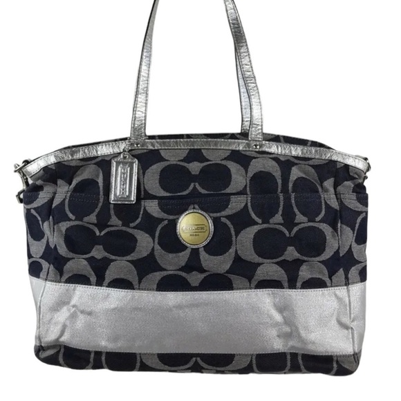 Coach Denim Signature Stripe Tote Weekender Diaper Bag F17443 Large Shoulder Bag - Picture 1 of 16